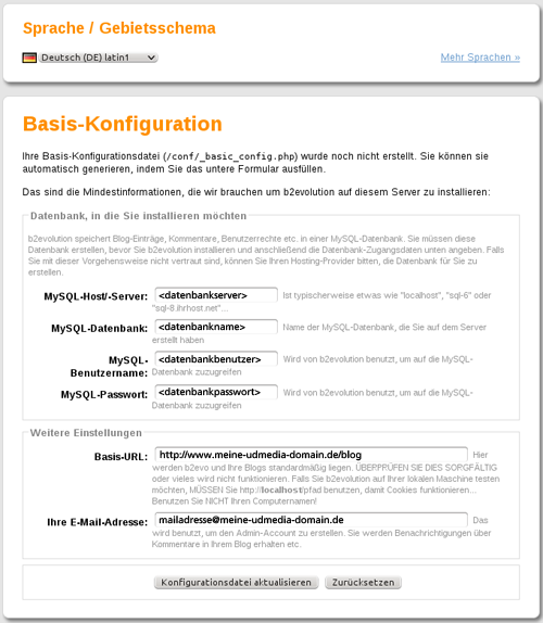 b2evolution Basiskonfigurationsseite